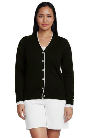 Lands End Double Trim Cotton V Neck Cardigan Sweater in Black/white at Nordstrom, Size 1X