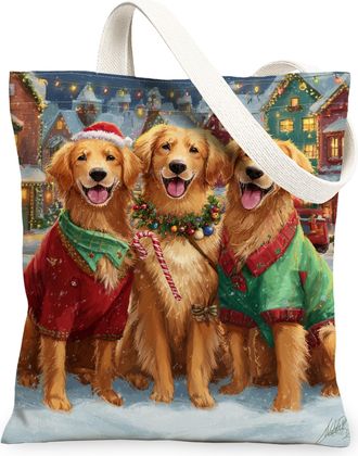 Generic Christmas Dogs Canvas Tote Bags, Holiday Animal Design Reusable Bags, Vintage Lightweight Washable Shoulder Strap Canvas Fo, White, 13x15 Inch
