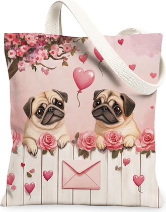 Generic Valentines Day Schnauzer Dog Canvas Tote Bag for Shopping 13x15, Farm Couple Puppy Reusable Grocery Print Bag for Women, Pet Beach Aesthetic Painting 