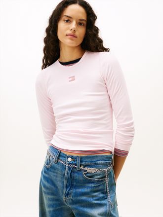 Tommy Jeans Langarmshirt TOMMY JEANS TJW SLIM LS BADGE TEE EXT, Damen, Gr. 4XL (48), light pink, Single Jersey, Obermaterial: 95% Baumwolle, 5% Elasthan, unifarbe