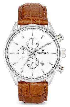 Vincero The Chrono S Chronograph Leather Strap Watch, 43mm in Silver Tan at Nordstrom