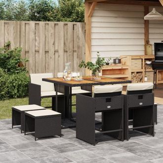 vidaXL Vidaxl - Set De Comedor De Jard&iacute;n 9 Pzas Y Cojines Rat&aacute;n Sint&eacute;tico Negro