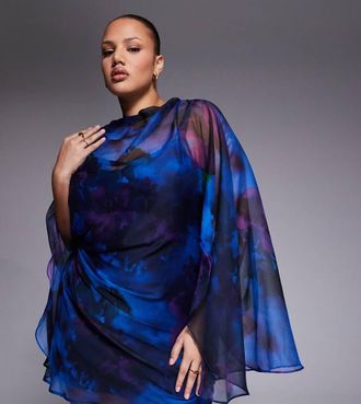 Asos Curve ASOS DESIGN Curve - Vestito corto accollato blu a fiori con drappeggio sul davanti e maniche a mantella-Multicolore