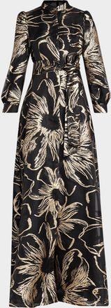 Teri Jon Floral Metallic Jacquard Organza Shirtwaist Gown