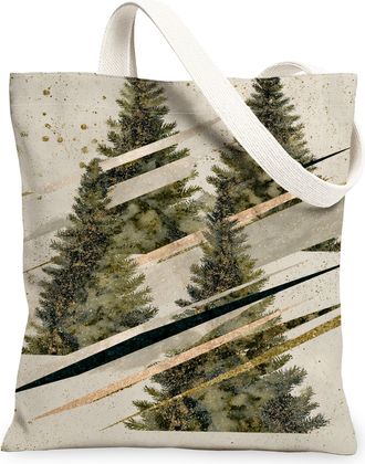 Generic Abstract Pine Trees Canvas Tote Bag, Vintage Forest Design Reusable Grocery Bags, Lightweight Washable Shoulder Strap Tote, Beige, 13x15 Inch