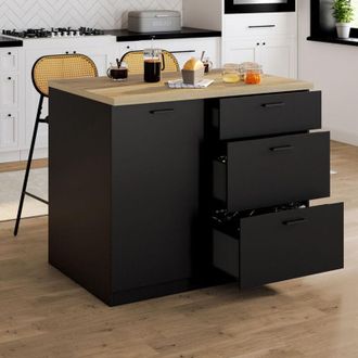 IDMarket Isla Central Tibo 110 Cm Con 3 Cajones De Madera Negra Y Encimera Efecto Haya