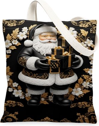 Generic Christmas Santa Canvas Tote Bags, Vintage Floral Design Reusable Grocery Bags, Lightweight Washable Shoulder Strap Canvas F, Black, 13x15 Inch