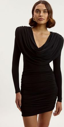 Karen Millen Womens Tall Stretch Drapey Crepe Ruched Plunge Neck Long Sleeve Mini Dress - Black - Size Small