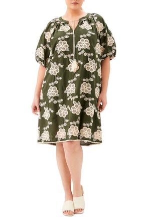 Karen Kane Embroidered Tassel Tie Puff Sleeve Shift Dress in Olive/Natural at Nordstrom, Size 3 X