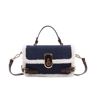 Generic Compatible For Lamb Fur Spliced Small Square Bag Womens Handbag(Navy Blue)