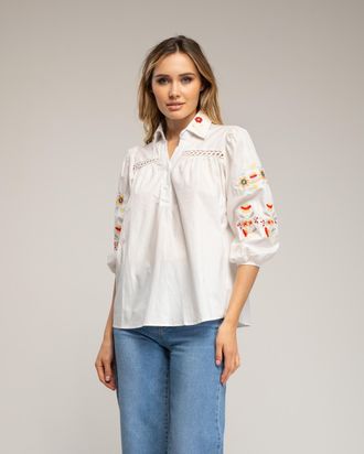 Tantra Blouse met lantaarnmouwen, geborduurde bloemen en een ajourdetail