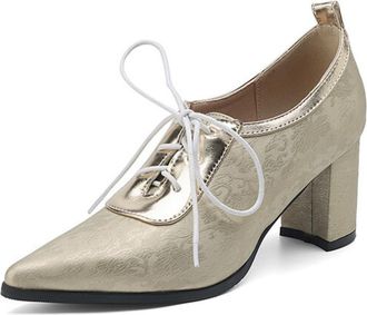 Generic Womens Pointed Toe Pumps Textured Fabric Lace-Up Block Heel Contrast Panel Cushioned Insole Anti-Slip Durable Sole Comfortable Fit,Gold,6.5 UK