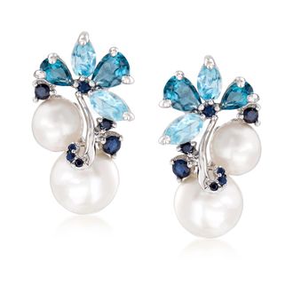 Ross-Simons 6-8.5mm Cultured Pearl and Sky Blue Topaz and London Blue Topaz Earrings With. Sapphires in Sterling Silver