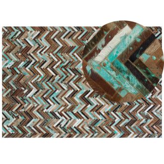 Beliani Beliani - Alfombra De Piel De Vaca Multicolor Marr&oacute;n Azul 160 X 230 Cm Fabricada A Mano Patr&oacute;n Chevron Amasya