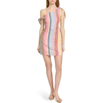 Wayf x Hannah Lovey Porter Bahia Stripe One-Shoulder Linen Blend Minidress in Summer Stripe at Nordstrom, Size X-Large
