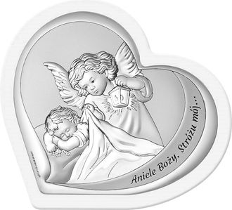 OEM Cuadro Plateado Con &Aacute;ngel De La Guarda, Marco Blanco En Forma De Coraz&oacute;n + Grabado 6777-w 13,8 X 12 Cm