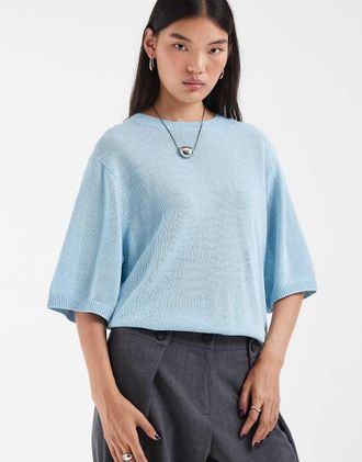 & Other Stories t-shirt in maglia aperta, maniche corte, morbida, in puro cotone, blu-Giallo