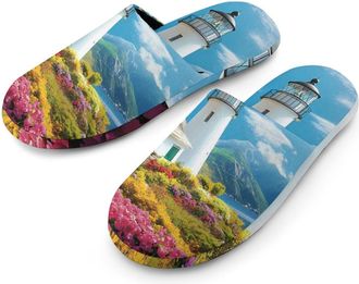 Generic Lighthouse Sea Cottage Mens Slippers Flannel Warm House Shoes with Rubber Anti-Slip Sole Slip On for Home Outdoor