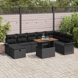 vidaXL Conjunto De Sof&aacute; De Jard&iacute;n 9 Pcs Negro Rat&aacute;n Sint&eacute;tico