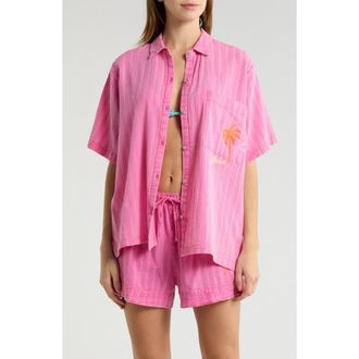 Rip Curl Hotel Malibu Embroidered Yarn Dyed Stripe Button-Up Shirt in Super Pink at Nordstrom, Size Xx-Small