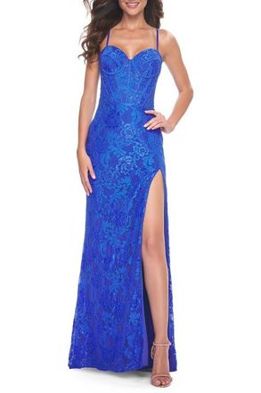 La Femme Stretch Lace Dress with Bustier Top and Illusion Back in Royal Blue at Nordstrom, Size 10