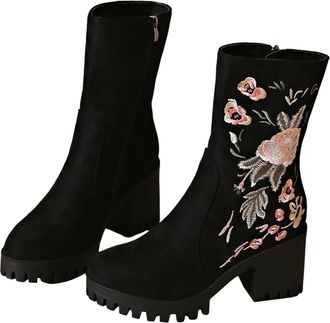 Generic Womens Mid-Calf Boots Floral Embroidered Chunky Heel Platform Round Toe Side Zipper Combat Boots Ladies Elegant Casual Shoes Autumn Winter size 4.5