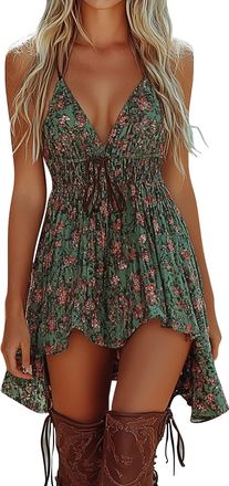 Generic Todays Deals of The Day Summer Dresses for Women Womens Sexy Deep V Sleeveless Waist Tie Floral Vintage Short Swing Western Cowboy Style Dresses Plus 