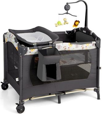 Costway Costway - Lettino da Viaggio per Neonati Box Portatile, Lettino Pieghevole con Ruote e Materassino, Borsa di Trasporto e Giochi Inclusi (Grigio Scuro)