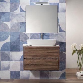 Arche Mobile Bagno Sospeso 80 cm Noce 2 Cassetti Specchio Top per Lavabo da Appoggio