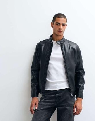 Mango giacca in pelle sintetica nera-Nero