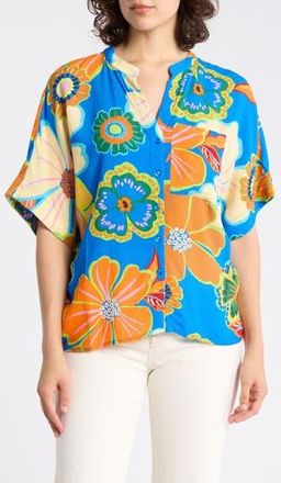T Tahari Split Neck Shirt in Blue/Rose Floral Print at Nordstrom Rack, Size X-Large