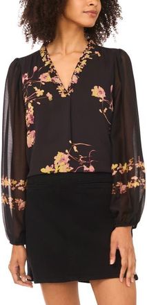 Vince Camuto Placed Floral Long Sleeve Top in Rich Black at Nordstrom, Size X-Large P