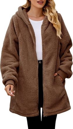 Generic Ladies Long Fleece Jackets Full Zip with Hooded, Warm Teddy Fleece Longline Hoodie with Pockets, Ladies Soft Plush Long Coat for Winter, Outdoor therm