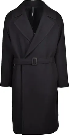 Hev&ograve; Black Long Double-Breasted Polyester-Blend Coat