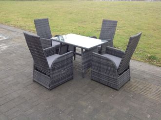 Fimous Oblong Table Adjustable Reclining Chair Rattan Dining Set Garden Furniture Table & Chair Set 4 Chairs in Dark Grey