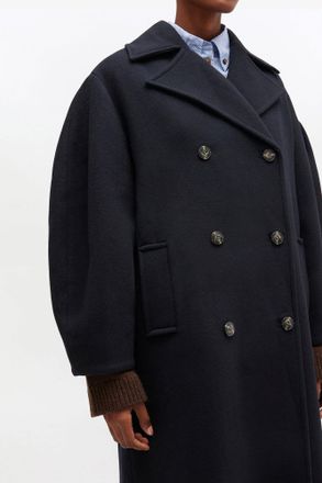 Ganni Navy Dark Blue Wool Oversized Long Peacoat