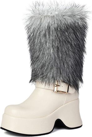 Generic Womens Round Toe Faux Leather Winter Boots Wedge High Heel Platform Boot Pull on Mid-Calf Boots,White,5.5 UK