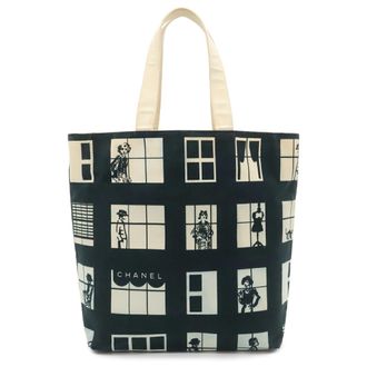 Chanel Black White Canvas Leather Shoulder Bag Tote Bag (Pre-Owned)