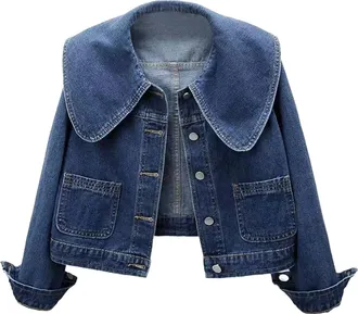 Generic Retro Doll Short Denim Jacket Coat Jean Jacket Womens with Stand-Up Collar Blouse Womens Jacket Transition Jacket Spring Streetware