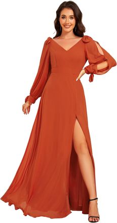 Ever-pretty Womens Long Sleeves V-Neck Off Shoulder A Line Thigh High Slit Chiffon Floor Length Prom Dresses Burnt Orange 16UK