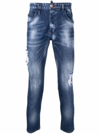 Philipp Plein ripped-detailed skinny jeans - men - Spandex/Elastane/Cotton/Polyester/Cotton - 29 - Blue