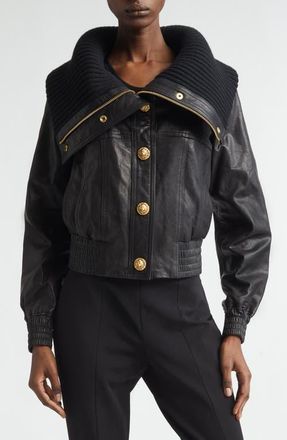 Balmain Knit Collar Lambskin Leather Bomber Jacket in 0Pa Black at Nordstrom, Size 10 Us