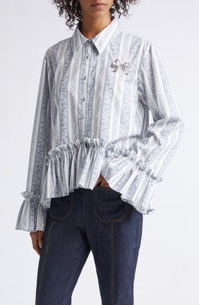 Cinq &agrave; Sept Daxel Striped Peplum Shirt in Ivory/marine Blue at Nordstrom, Size Xx-Small