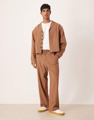 Asos Pantaloni a fondo ampio eleganti marroni con vita elasticizzata in coordinato-Marrone