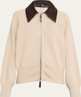 Brandon Maxwell Conrad Leather-Collar Cashmere Zip Cardigan