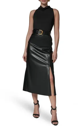 DKNY Jersey & Faux Leather Midi Dress in Black/black at Nordstrom, Size 14