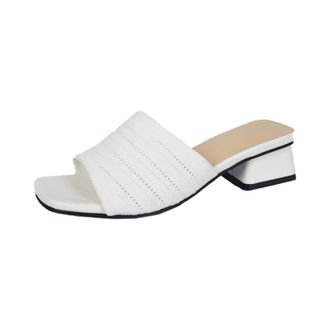 Generic UK 5.5 Womens Square Open Toe Slides Sandals Wide fit Sandals Ladies Knit Chunky Block Mule Heels Slip On Slide Shoes Footwear A0_Clearance White
