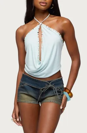 Edikted Stone Cowl Neck Knit Halter Top in Aqua at Nordstrom, Size X-Large