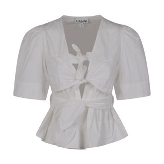 Ganni Blouses, female, White, Size: XS Washed Stretch Cotton Tie Strap Blouse