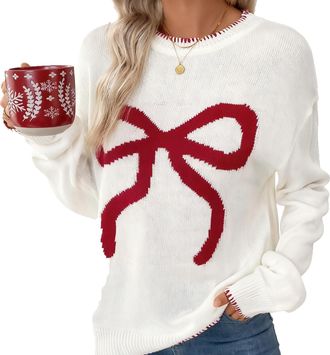 Generic Christmas Sweaters for Women Bow Sweater Casual Crew Neck Long Sleeve Pullover Sweaters Knitted Tops Fall Winter Sweatshirt for Ladies Beige